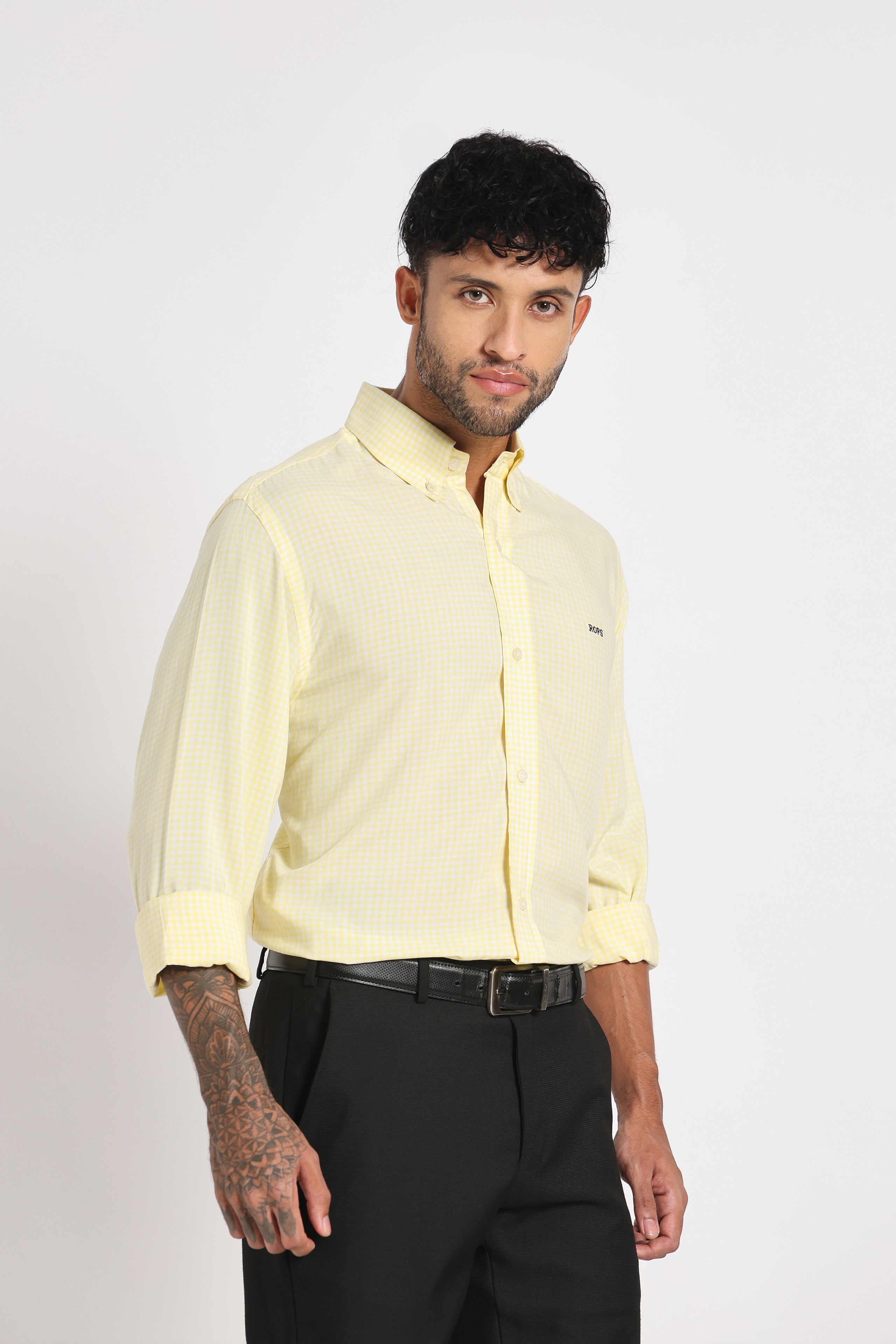Soft Yellow Check Shirt Men