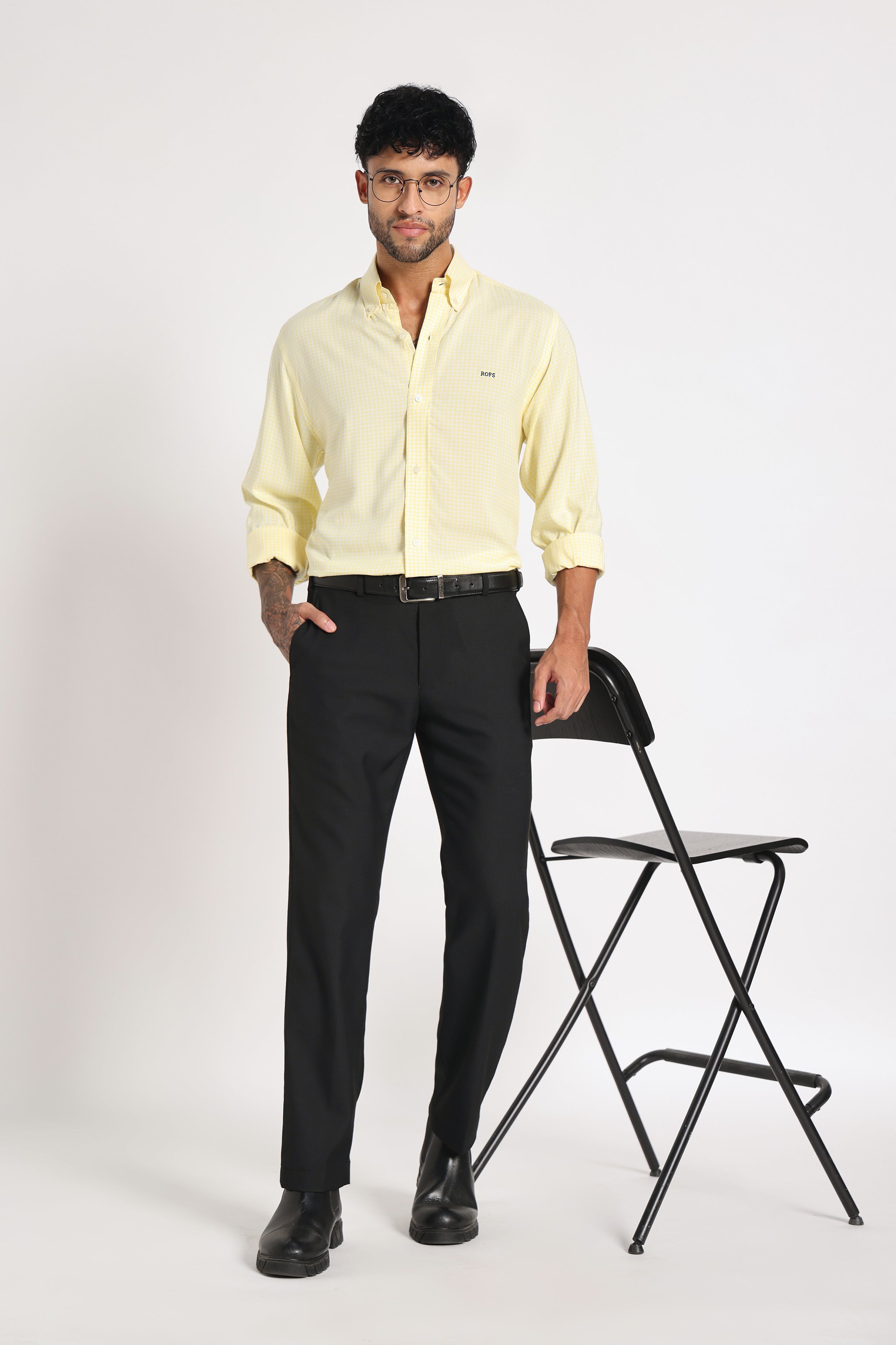 Soft Yellow Check Shirt Men